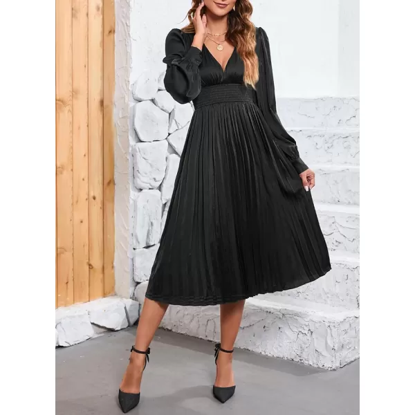 Happy Sailed Womens Satin Pleated Dresses Formal V Neck Long Sleeve Elastic Waist Midi Cocktail Party Dress for Wedding Guest