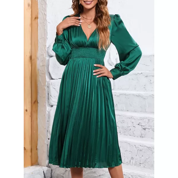 Happy Sailed Womens Satin Pleated Dresses Formal V Neck Long Sleeve Elastic Waist Midi Cocktail Party Dress for Wedding Guest