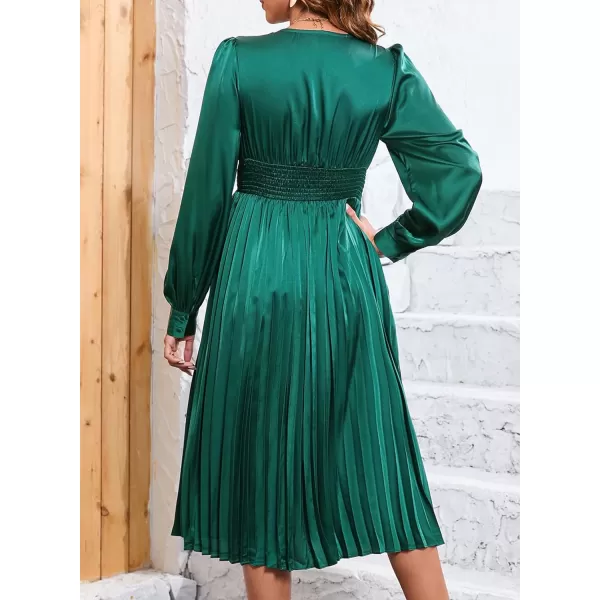 Happy Sailed Womens Satin Pleated Dresses Formal V Neck Long Sleeve Elastic Waist Midi Cocktail Party Dress for Wedding Guest