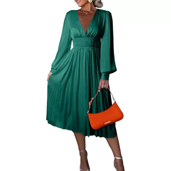 Happy Sailed Womens Satin Pleated Dresses Formal V Neck Long Sleeve Elastic Waist Midi Cocktail Party Dress for Wedding Guest