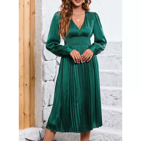 Happy Sailed Womens Satin Pleated Dresses Formal V Neck Long Sleeve Elastic Waist Midi Cocktail Party Dress for Wedding Guest
