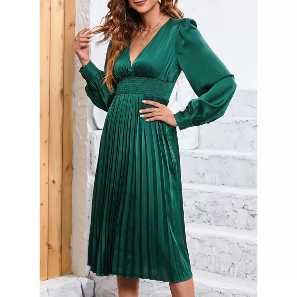 Happy Sailed Womens Satin Pleated Dresses Formal V Neck Long Sleeve Elastic Waist Midi Cocktail Party Dress for Wedding Guest