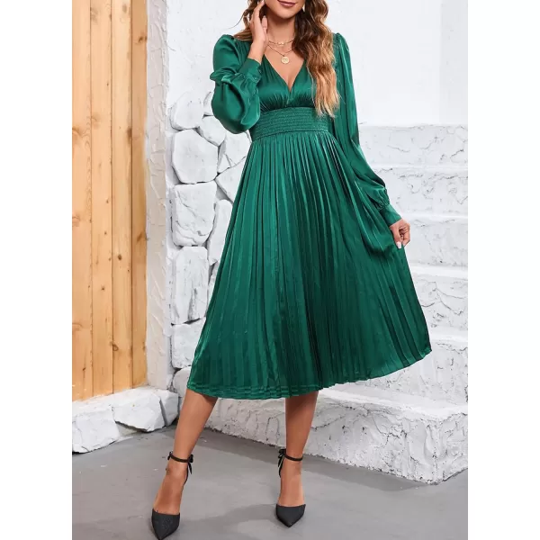 Happy Sailed Womens Satin Pleated Dresses Formal V Neck Long Sleeve Elastic Waist Midi Cocktail Party Dress for Wedding Guest