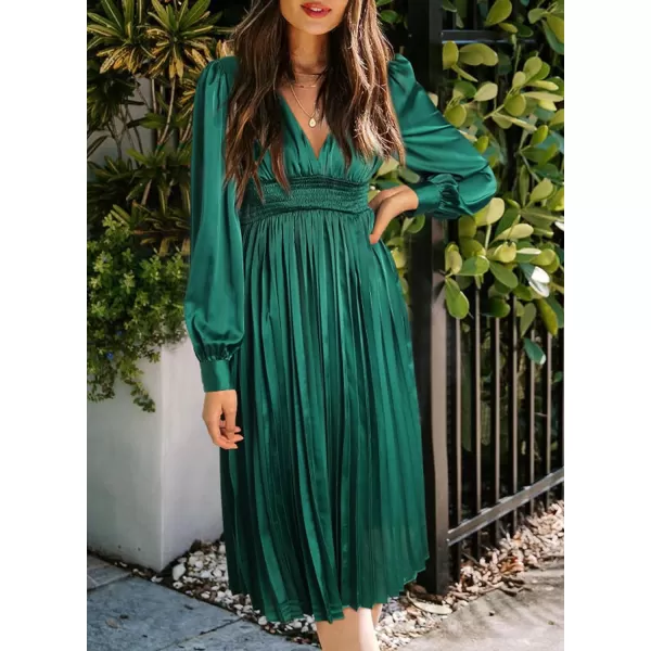 Happy Sailed Womens Satin Pleated Dresses Formal V Neck Long Sleeve Elastic Waist Midi Cocktail Party Dress for Wedding Guest