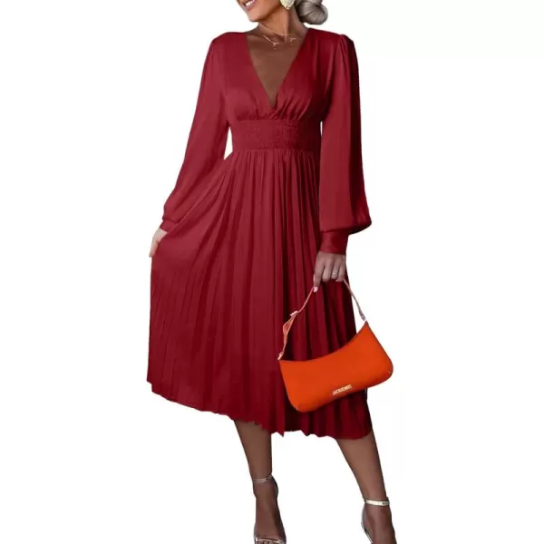 Happy Sailed Womens Satin Pleated Dresses Formal V Neck Long Sleeve Elastic Waist Midi Cocktail Party Dress for Wedding Guest