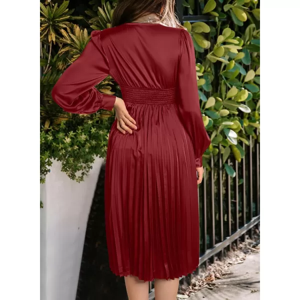 Happy Sailed Womens Satin Pleated Dresses Formal V Neck Long Sleeve Elastic Waist Midi Cocktail Party Dress for Wedding Guest