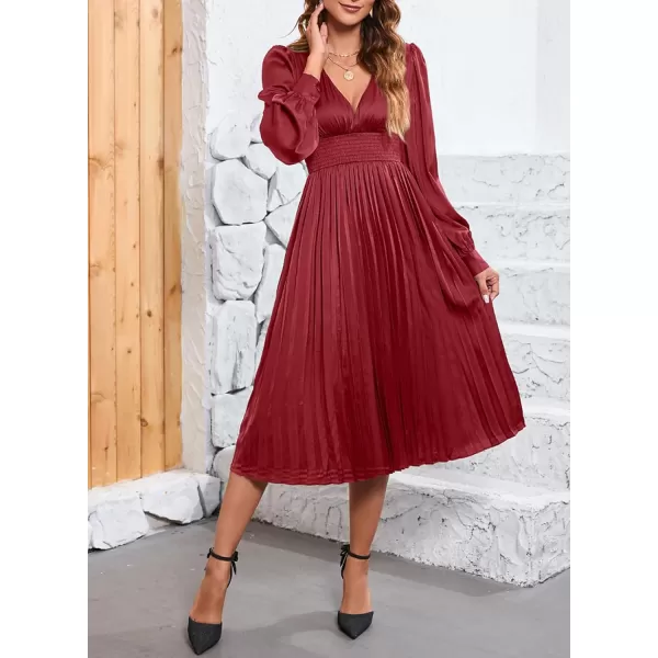 Happy Sailed Womens Satin Pleated Dresses Formal V Neck Long Sleeve Elastic Waist Midi Cocktail Party Dress for Wedding Guest