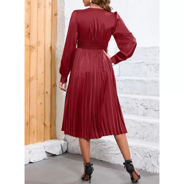 Happy Sailed Womens Satin Pleated Dresses Formal V Neck Long Sleeve Elastic Waist Midi Cocktail Party Dress for Wedding Guest