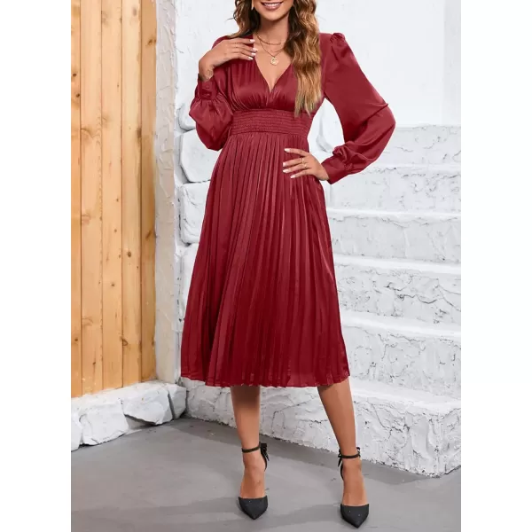 Happy Sailed Womens Satin Pleated Dresses Formal V Neck Long Sleeve Elastic Waist Midi Cocktail Party Dress for Wedding Guest