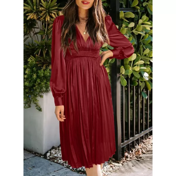 Happy Sailed Womens Satin Pleated Dresses Formal V Neck Long Sleeve Elastic Waist Midi Cocktail Party Dress for Wedding Guest