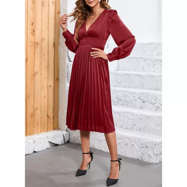 Happy Sailed Womens Satin Pleated Dresses Formal V Neck Long Sleeve Elastic Waist Midi Cocktail Party Dress for Wedding Guest
