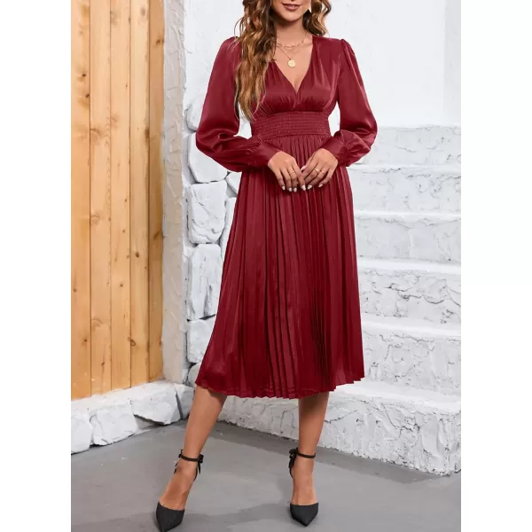 Happy Sailed Womens Satin Pleated Dresses Formal V Neck Long Sleeve Elastic Waist Midi Cocktail Party Dress for Wedding Guest