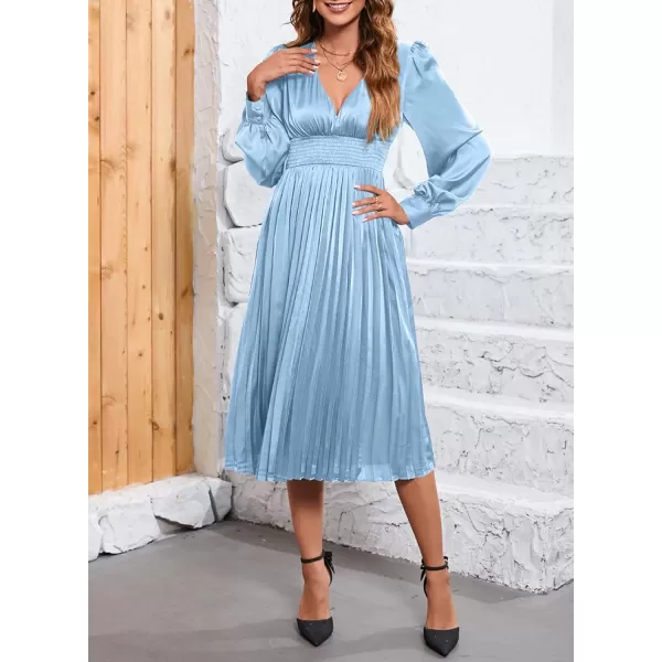 Happy Sailed Womens Satin Pleated Dresses Formal V Neck Long Sleeve Elastic Waist Midi Cocktail Party Dress for Wedding Guest