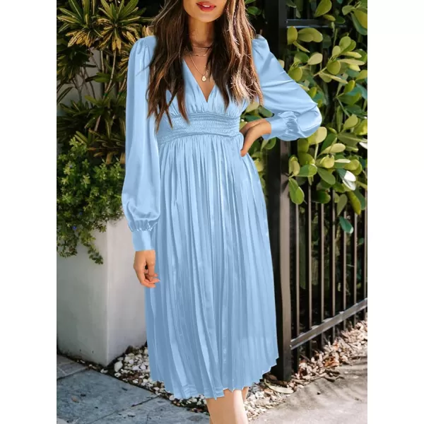 Happy Sailed Womens Satin Pleated Dresses Formal V Neck Long Sleeve Elastic Waist Midi Cocktail Party Dress for Wedding Guest