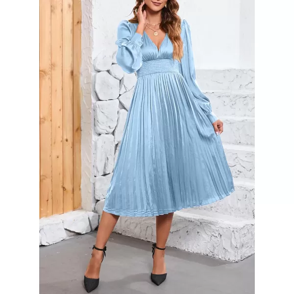 Happy Sailed Womens Satin Pleated Dresses Formal V Neck Long Sleeve Elastic Waist Midi Cocktail Party Dress for Wedding Guest