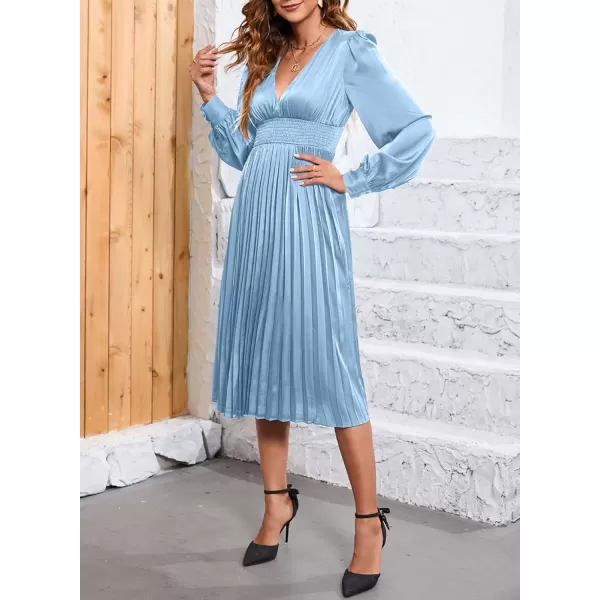 Happy Sailed Womens Satin Pleated Dresses Formal V Neck Long Sleeve Elastic Waist Midi Cocktail Party Dress for Wedding Guest