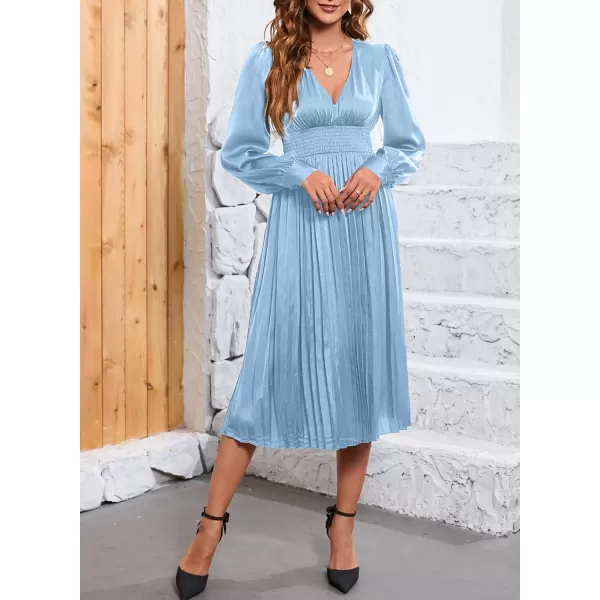 Happy Sailed Womens Satin Pleated Dresses Formal V Neck Long Sleeve Elastic Waist Midi Cocktail Party Dress for Wedding Guest