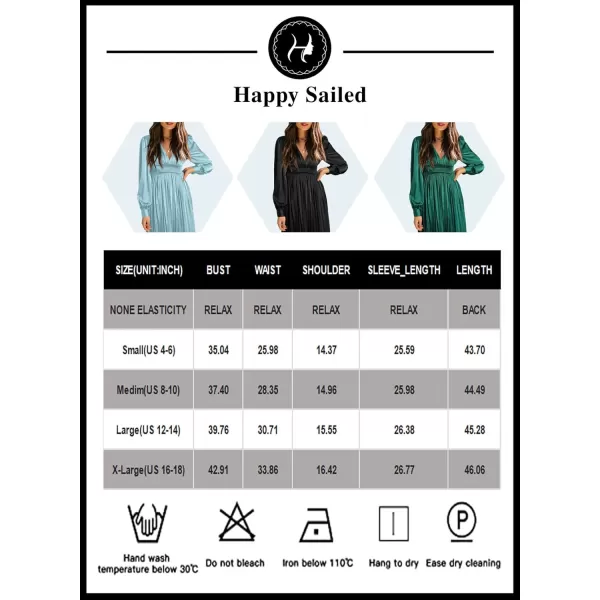 Happy Sailed Womens Satin Pleated Dresses Formal V Neck Long Sleeve Elastic Waist Midi Cocktail Party Dress for Wedding Guest