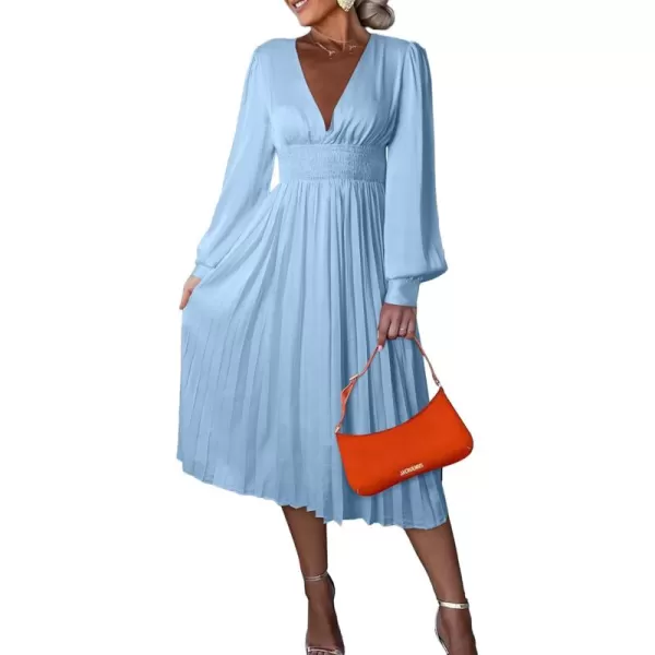 Happy Sailed Womens Satin Pleated Dresses Formal V Neck Long Sleeve Elastic Waist Midi Cocktail Party Dress for Wedding Guest