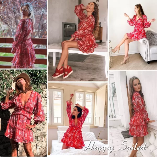 Happy Sailed Womens Summer Long Sleeve Dress 2023 Deep V Neck Ruffle Layer Swing Mini Dresses