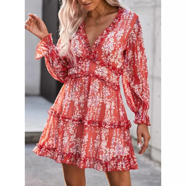 Happy Sailed Womens Summer Long Sleeve Dress 2023 Deep V Neck Ruffle Layer Swing Mini Dresses