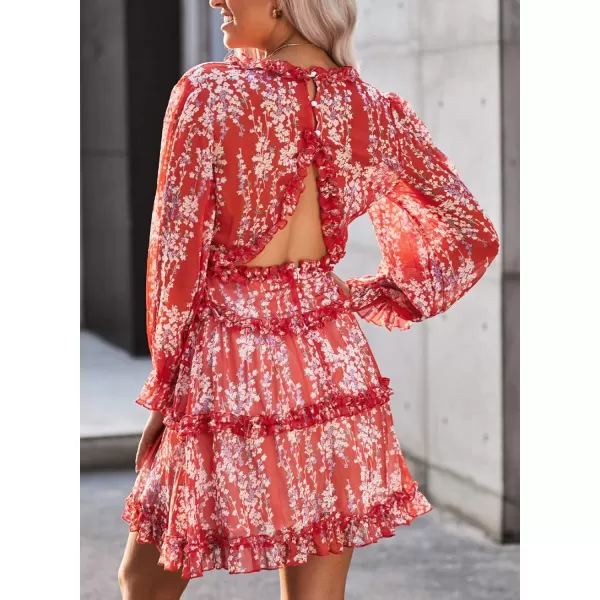 Happy Sailed Womens Summer Long Sleeve Dress 2023 Deep V Neck Ruffle Layer Swing Mini Dresses