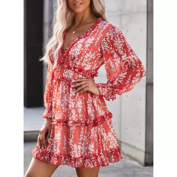 Happy Sailed Womens Summer Long Sleeve Dress 2023 Deep V Neck Ruffle Layer Swing Mini Dresses