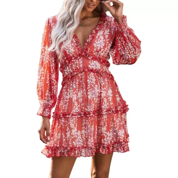 Happy Sailed Womens Summer Long Sleeve Dress 2023 Deep V Neck Ruffle Layer Swing Mini Dresses