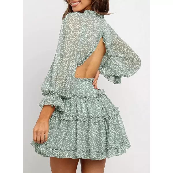 Happy Sailed Womens Summer Long Sleeve Dress 2023 Deep V Neck Ruffle Layer Swing Mini Dresses