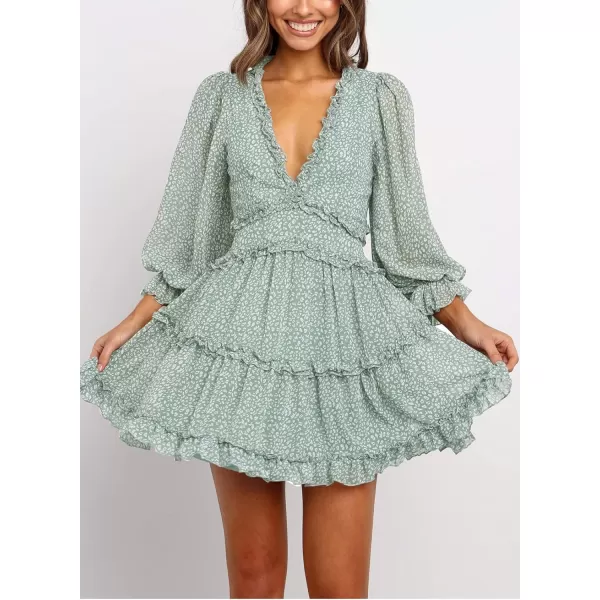 Happy Sailed Womens Summer Long Sleeve Dress 2023 Deep V Neck Ruffle Layer Swing Mini Dresses