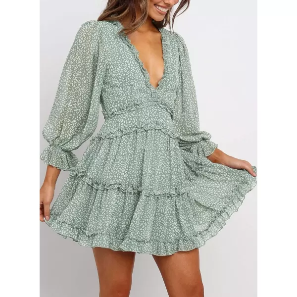 Happy Sailed Womens Summer Long Sleeve Dress 2023 Deep V Neck Ruffle Layer Swing Mini Dresses