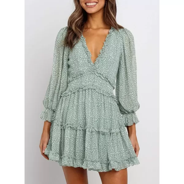 Happy Sailed Womens Summer Long Sleeve Dress 2023 Deep V Neck Ruffle Layer Swing Mini Dresses