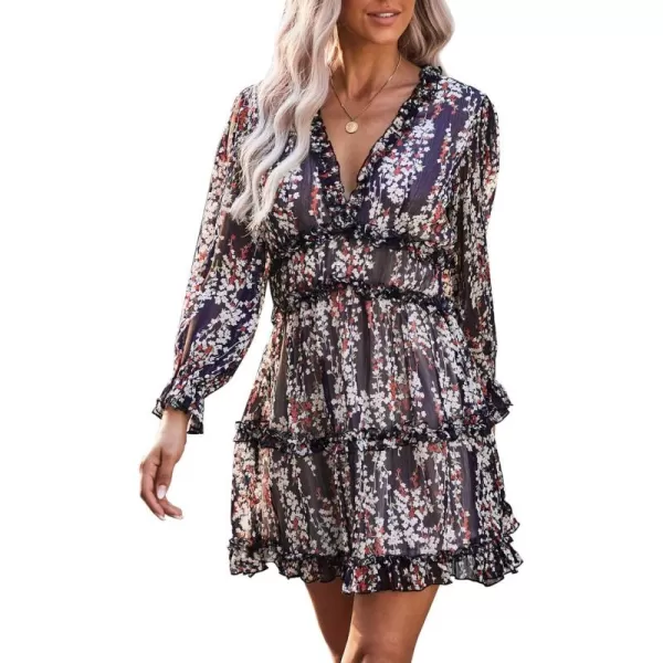 Happy Sailed Womens Summer Long Sleeve Dress 2023 Deep V Neck Ruffle Layer Swing Mini Dresses