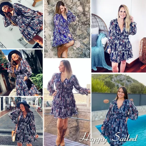 Happy Sailed Womens Summer Long Sleeve Dress 2023 Deep V Neck Ruffle Layer Swing Mini Dresses
