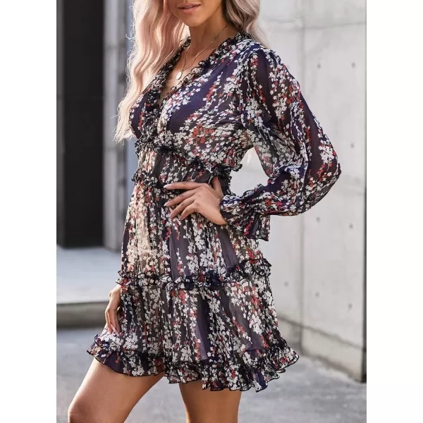 Happy Sailed Womens Summer Long Sleeve Dress 2023 Deep V Neck Ruffle Layer Swing Mini Dresses