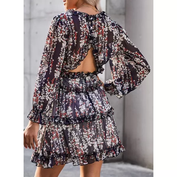 Happy Sailed Womens Summer Long Sleeve Dress 2023 Deep V Neck Ruffle Layer Swing Mini Dresses