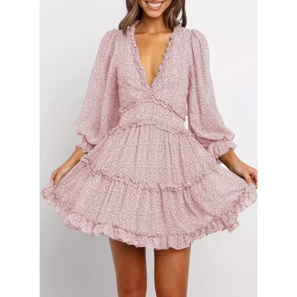 Happy Sailed Womens Summer Long Sleeve Dress 2023 Deep V Neck Ruffle Layer Swing Mini Dresses