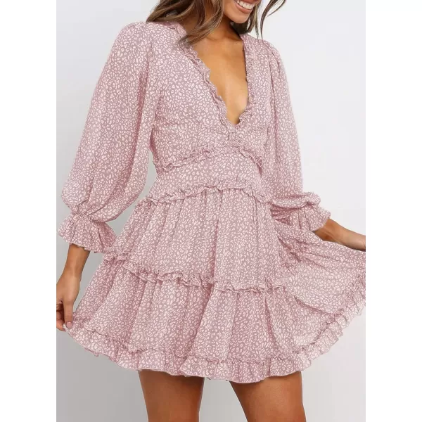 Happy Sailed Womens Summer Long Sleeve Dress 2023 Deep V Neck Ruffle Layer Swing Mini Dresses