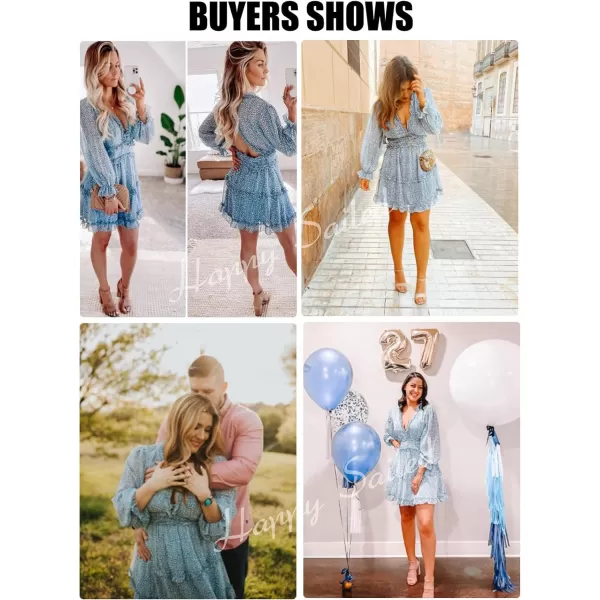 Happy Sailed Womens Summer Long Sleeve Dress 2023 Deep V Neck Ruffle Layer Swing Mini Dresses
