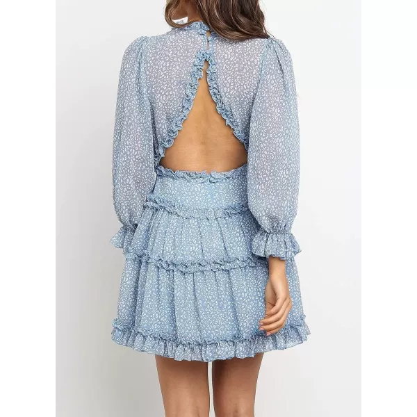 Happy Sailed Womens Summer Long Sleeve Dress 2023 Deep V Neck Ruffle Layer Swing Mini Dresses