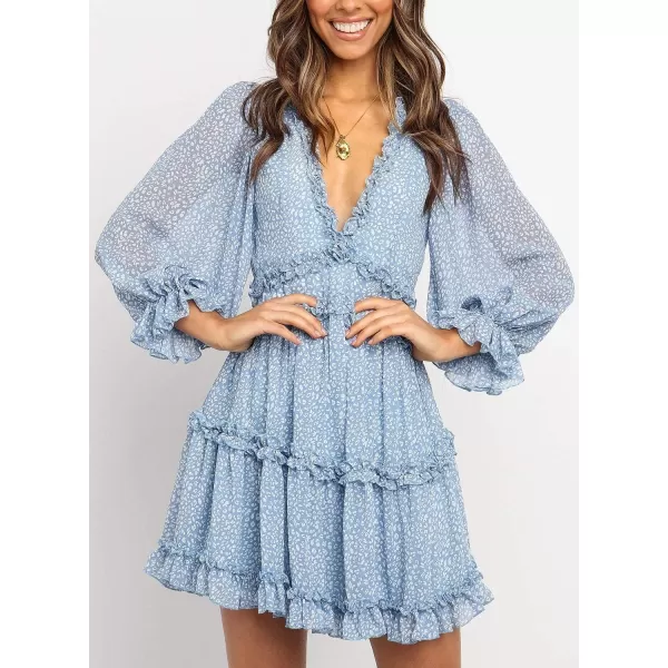 Happy Sailed Womens Summer Long Sleeve Dress 2023 Deep V Neck Ruffle Layer Swing Mini Dresses