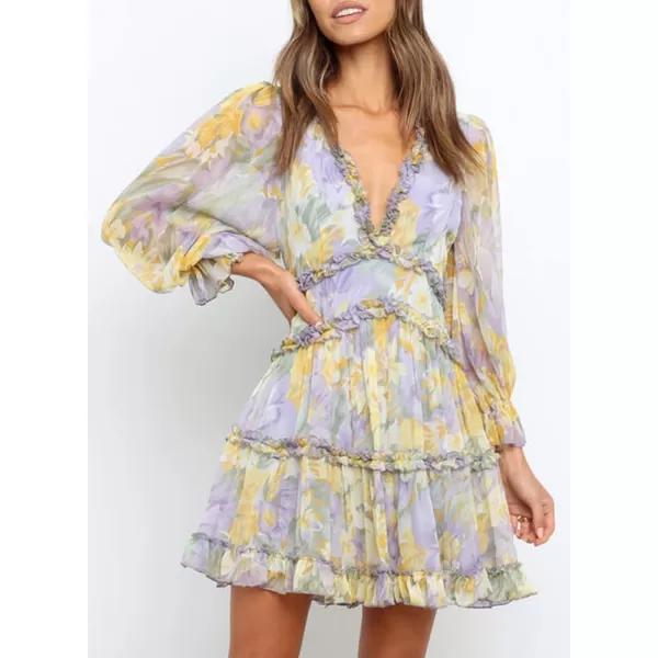 Happy Sailed Womens Summer Long Sleeve Dress 2023 Deep V Neck Ruffle Layer Swing Mini Dresses