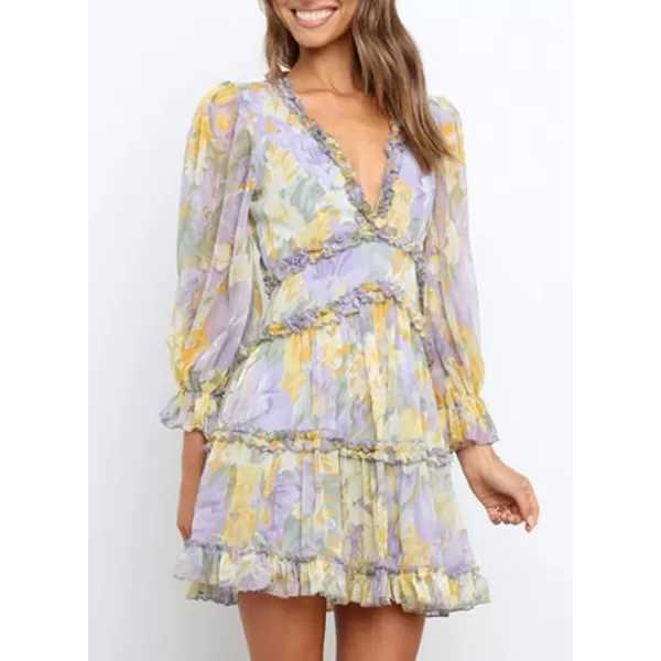 Happy Sailed Womens Summer Long Sleeve Dress 2023 Deep V Neck Ruffle Layer Swing Mini Dresses