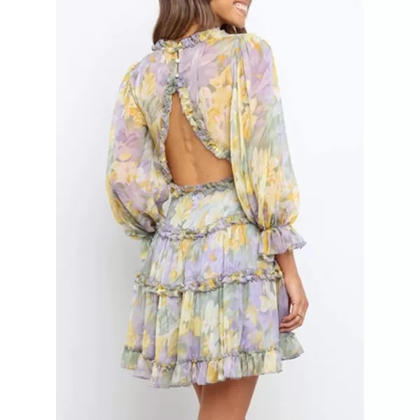 Happy Sailed Womens Summer Long Sleeve Dress 2023 Deep V Neck Ruffle Layer Swing Mini Dresses
