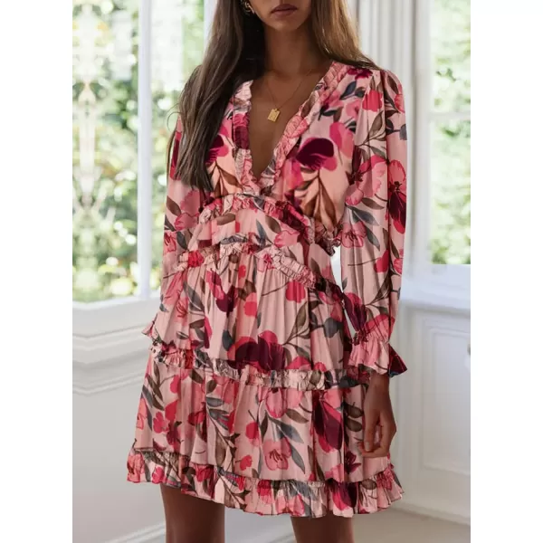 Happy Sailed Womens Summer Long Sleeve Dress 2023 Deep V Neck Ruffle Layer Swing Mini Dresses
