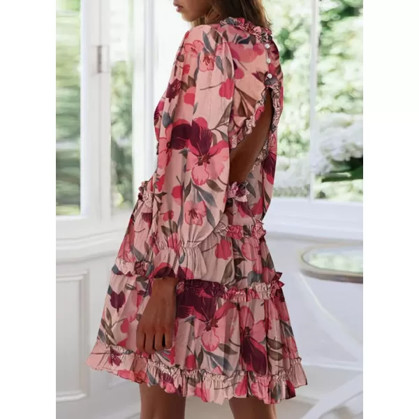 Happy Sailed Womens Summer Long Sleeve Dress 2023 Deep V Neck Ruffle Layer Swing Mini Dresses