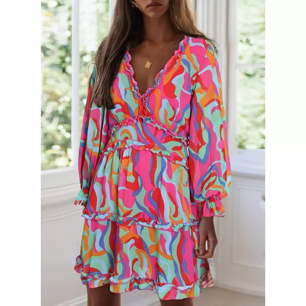 Happy Sailed Womens Summer Long Sleeve Dress 2023 Deep V Neck Ruffle Layer Swing Mini Dresses