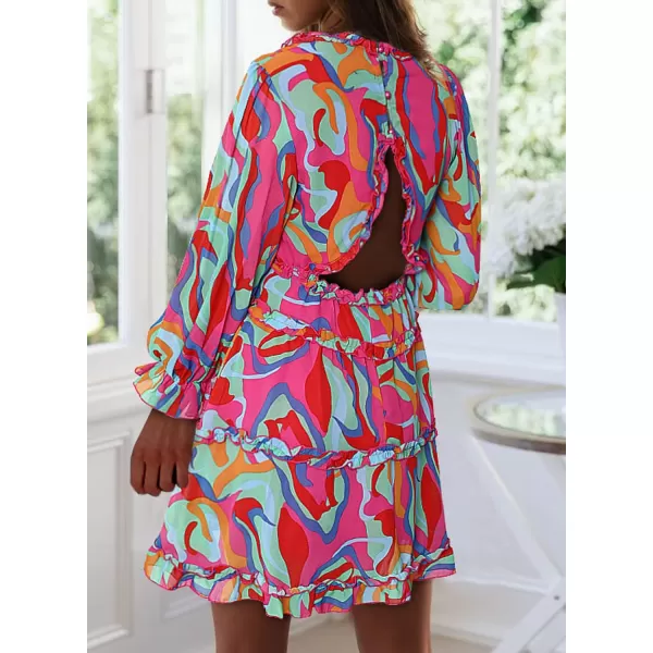 Happy Sailed Womens Summer Long Sleeve Dress 2023 Deep V Neck Ruffle Layer Swing Mini Dresses