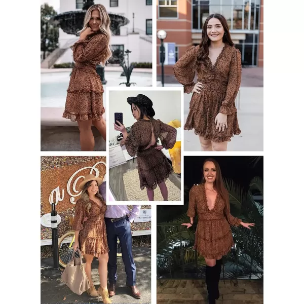 Happy Sailed Womens Summer Long Sleeve Dress 2023 Deep V Neck Ruffle Layer Swing Mini Dresses