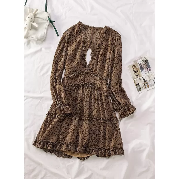 Happy Sailed Womens Summer Long Sleeve Dress 2023 Deep V Neck Ruffle Layer Swing Mini Dresses